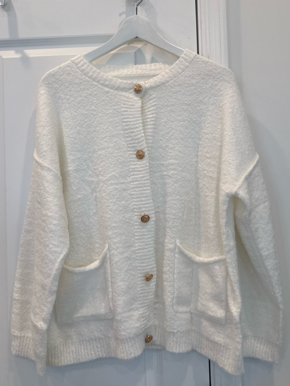 Amazon Cream Button-Front Pocket Knit Cardigan with Gold Buttons